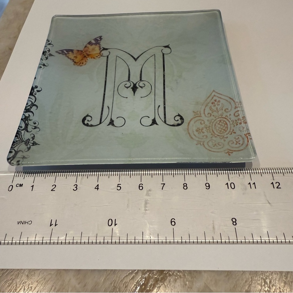 Decorative Glass Plate with Butterfly and Monogram square 11 x11